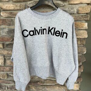 Calvin Klein Cropped Sweatshirt Gray Velvety Black Logo Long Sleeved Small NWT